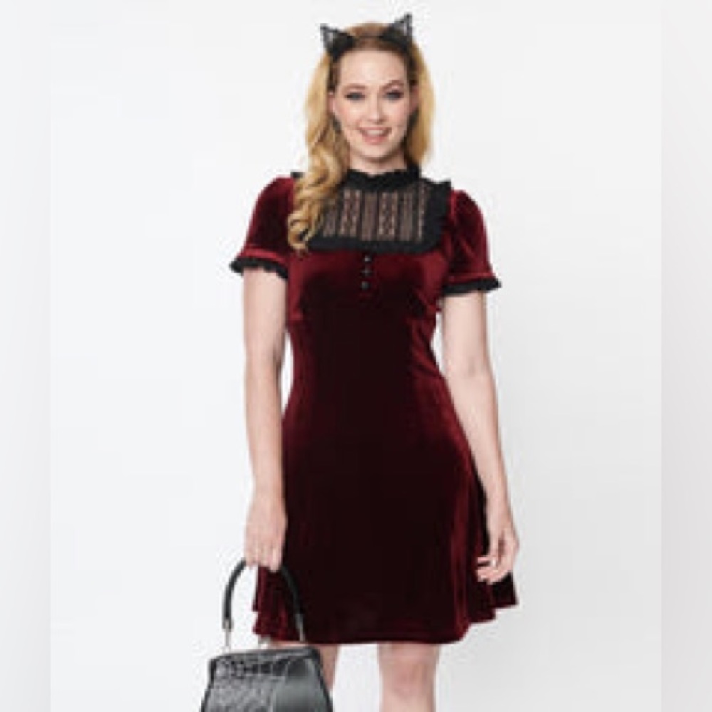 Hell Bunny 1950s Burgundy Velvet Caroline Mini Dress - Medium UK12